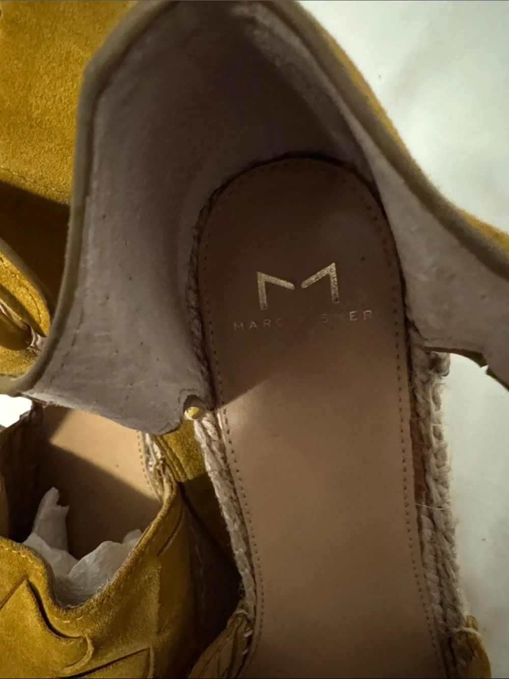 Marc Fisher Mustard Suede Espadrille Wedge Sandals with Ankle Buckle
